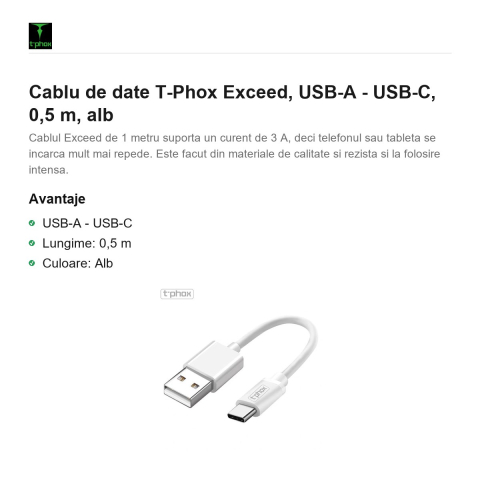 Cablu de date T-Phox Exceed, USB-A - USB-C, 0,5 m, alb [1]