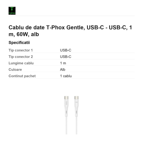 Cablu de date T-Phox Gentle, USB-C - USB-C, 1 m, 60W, alb [2]