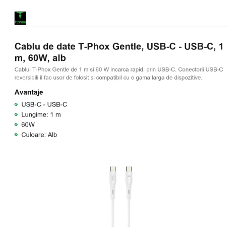 Cablu de date T-Phox Gentle, USB-C - USB-C, 1 m, 60W, alb [1]