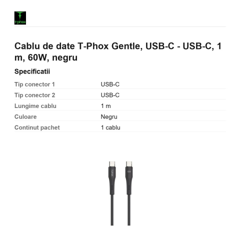 Cablu de date T-Phox Gentle, USB-C - USB-C, 1 m, 60W, negru [2]