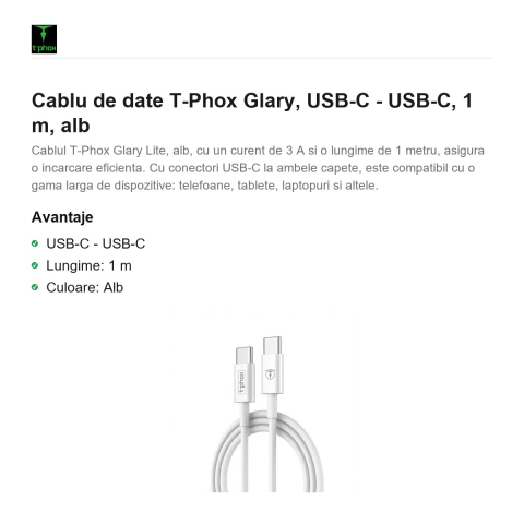 Cablu de date T-Phox Glary, USB-C - USB-C, 1 m, alb [1]