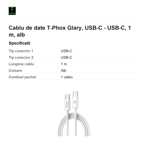 Cablu de date T-Phox Glary, USB-C - USB-C, 1 m, alb [2]