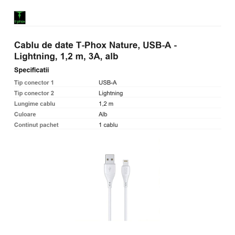Cablu de date T-Phox Nature, USB-A - Lightning, 1,2 m, 3A, alb [2]