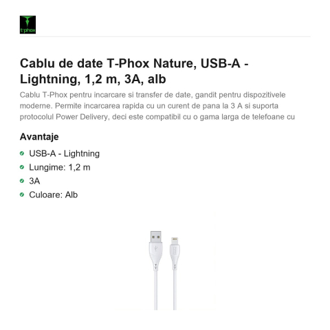 Cablu de date T-Phox Nature, USB-A - Lightning, 1,2 m, 3A, alb [1]