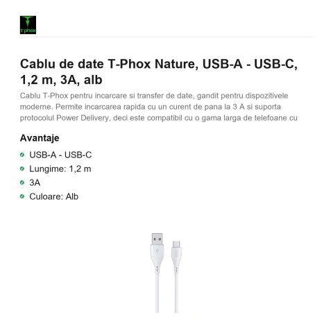 Cablu de date T-Phox Nature, USB-A - USB-C, 1,2 m, 3A, alb [1]