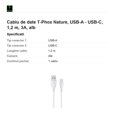 Cablu de date T-Phox Nature, USB-A - USB-C, 1,2 m, 3A, alb [2]
