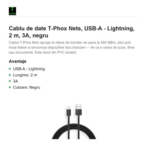 Cablu de date T-Phox Nets, USB-A - Lightning, 2 m, 3A, negru [1]