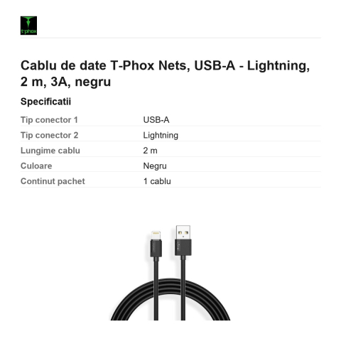 Cablu de date T-Phox Nets, USB-A - Lightning, 2 m, 3A, negru [2]