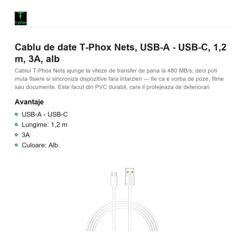 Cablu de date T-Phox Nets, USB-A - USB-C, 1,2 m, 3A, alb [1]