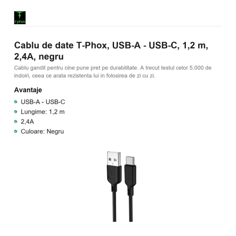 Cablu de date T-Phox, USB-A - USB-C, 1,2 m, 2,4A, negru [1]