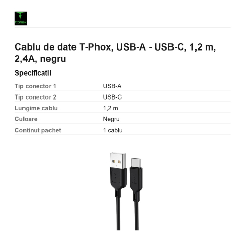 Cablu de date T-Phox, USB-A - USB-C, 1,2 m, 2,4A, negru [2]