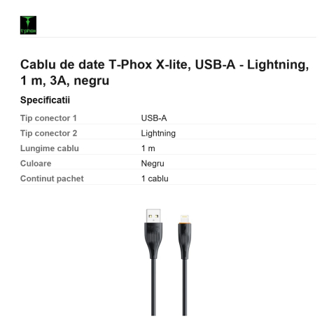 Cablu de date T-Phox X-lite, USB-A - Lightning, 1 m, 3A, negru [2]