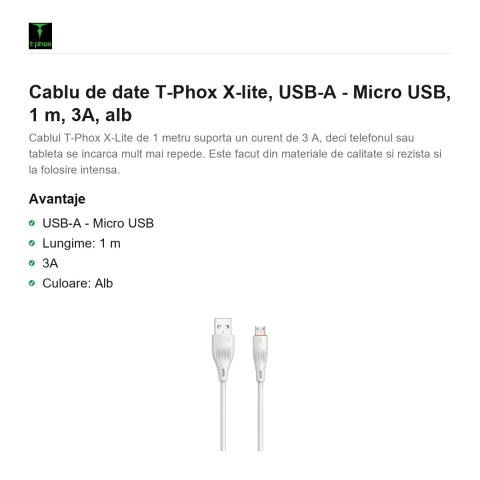 Cablu de date T-Phox X-lite, USB-A - Micro USB, 1 m, 3A, alb [1]