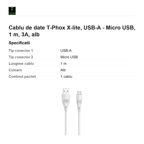 Cablu de date T-Phox X-lite, USB-A - Micro USB, 1 m, 3A, alb [2]