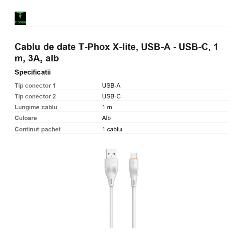 Cablu de date T-Phox X-lite, USB-A - USB-C, 1 m, 3A, alb [2]