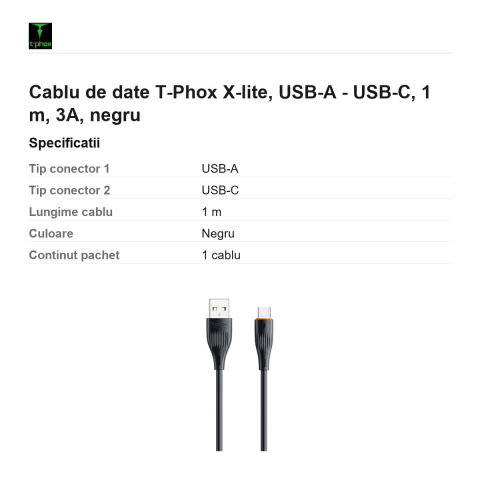 Cablu de date T-Phox X-lite, USB-A - USB-C, 1 m, 3A, negru [2]