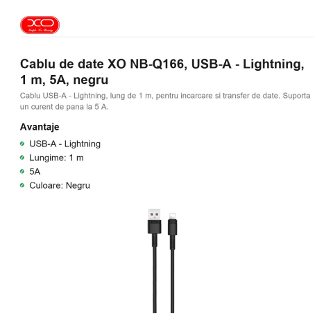 Cablu de date XO NB-Q166, USB-A - Lightning, 1 m, 5A, negru [1]
