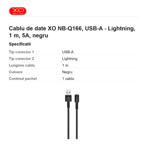 Cablu de date XO NB-Q166, USB-A - Lightning, 1 m, 5A, negru [2]