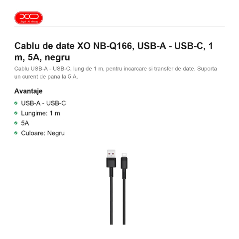 Cablu de date XO NB-Q166, USB-A - USB-C, 1 m, 5A, negru [1]
