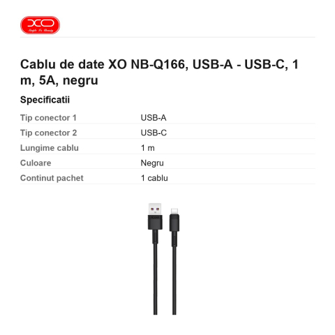 Cablu de date XO NB-Q166, USB-A - USB-C, 1 m, 5A, negru [2]
