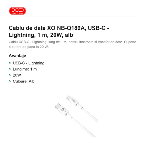 Cablu de date XO NB-Q189A, USB-C - Lightning, 1 m, 20W, alb [1]