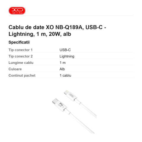 Cablu de date XO NB-Q189A, USB-C - Lightning, 1 m, 20W, alb [2]