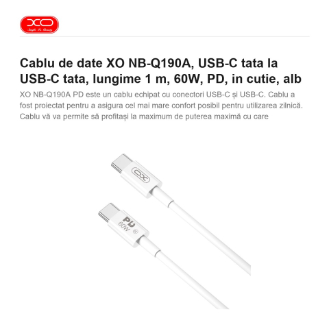 Cablu de date XO NB-Q190A, USB-C tata la USB-C tata, lungime 1 m, 60W, PD, in cutie, alb [1]