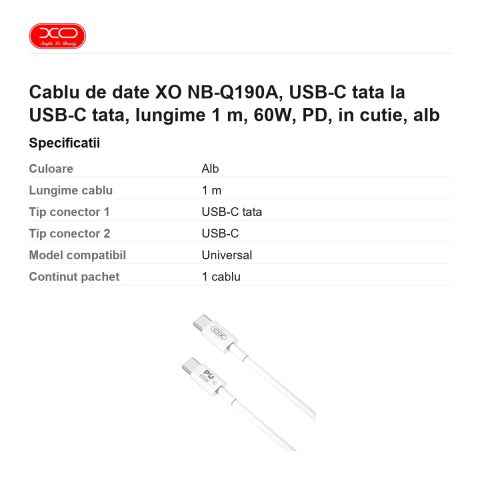Cablu de date XO NB-Q190A, USB-C tata la USB-C tata, lungime 1 m, 60W, PD, in cutie, alb [2]