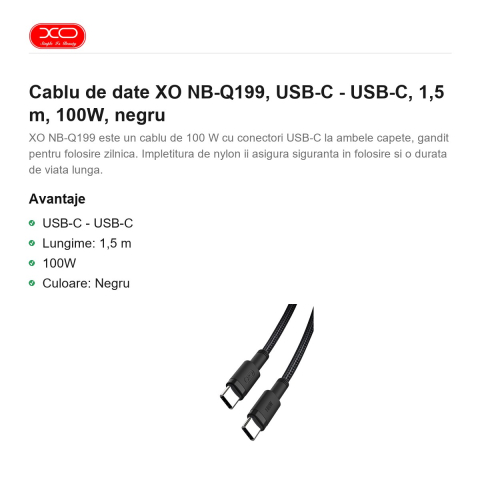Cablu de date XO NB-Q199, USB-C - USB-C, 1,5 m, 100W, negru [1]