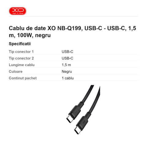 Cablu de date XO NB-Q199, USB-C - USB-C, 1,5 m, 100W, negru [2]