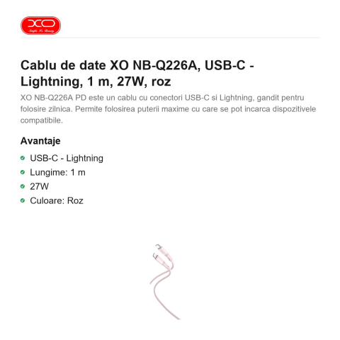 Cablu de date XO NB-Q226A, USB-C - Lightning, 1 m, 27W, roz [1]