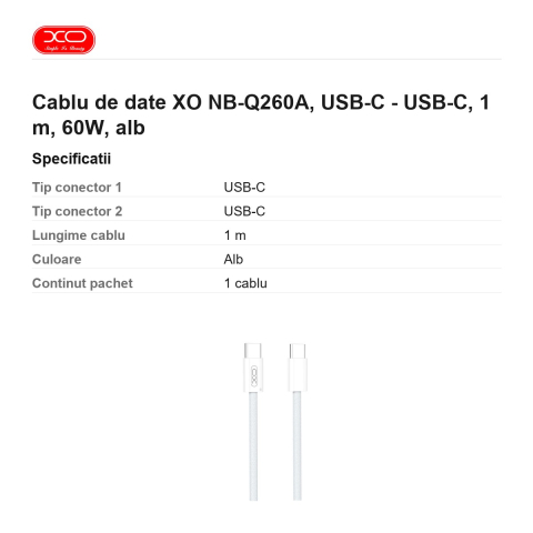 Cablu de date XO NB-Q260A, USB-C - USB-C, 1 m, 60W, alb [2]