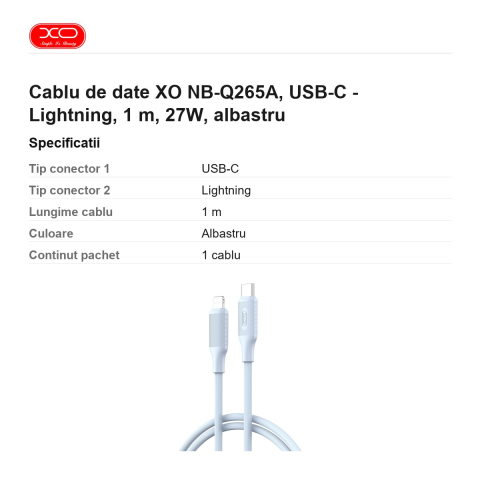 Cablu de date XO NB-Q265A, USB-C - Lightning, 1 m, 27W, albastru [2]