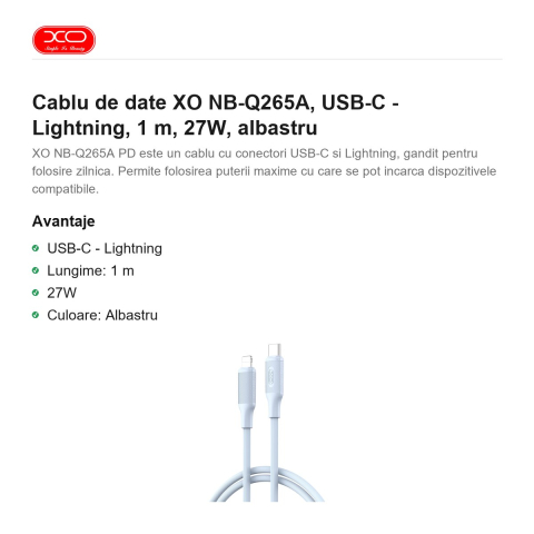 Cablu de date XO NB-Q265A, USB-C - Lightning, 1 m, 27W, albastru [1]