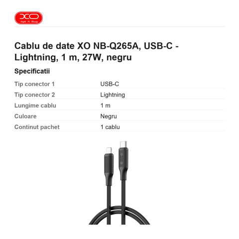 Cablu de date XO NB-Q265A, USB-C - Lightning, 1 m, 27W, negru [2]