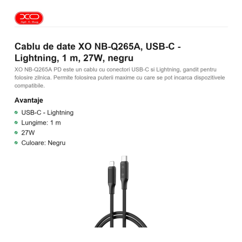 Cablu de date XO NB-Q265A, USB-C - Lightning, 1 m, 27W, negru [1]