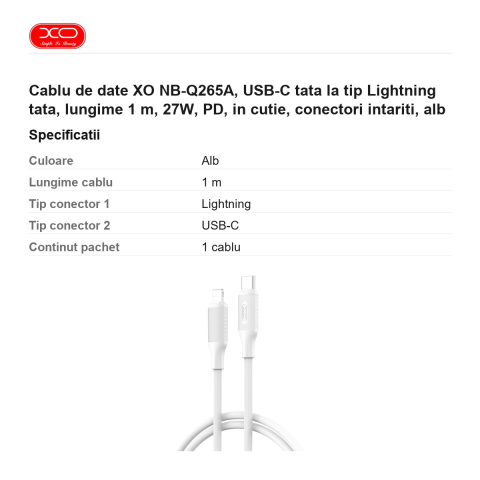 Cablu de date XO NB-Q265A, USB-C tata la tip Lightning tata, lungime 1 m, 27W, PD, in cutie, conectori intariti, alb [2]