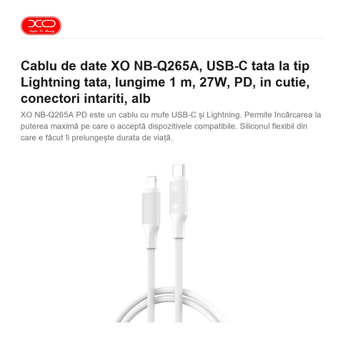 Cablu de date XO NB-Q265A, USB-C tata la tip Lightning tata, lungime 1 m, 27W, PD, in cutie, conectori intariti, alb [1]