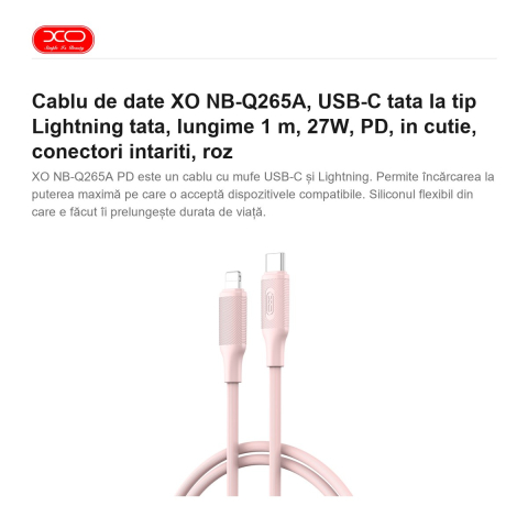 Cablu de date XO NB-Q265A, USB-C tata la tip Lightning tata, lungime 1 m, 27W, PD, in cutie, conectori intariti, roz [1]
