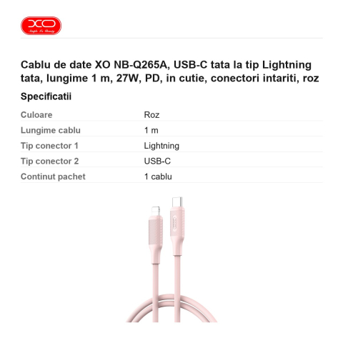 Cablu de date XO NB-Q265A, USB-C tata la tip Lightning tata, lungime 1 m, 27W, PD, in cutie, conectori intariti, roz [2]