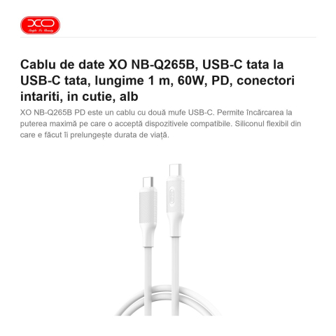 Cablu de date XO NB-Q265B, USB-C tata la USB-C tata, lungime 1 m, 60W, PD, conectori intariti, in cutie, alb [1]