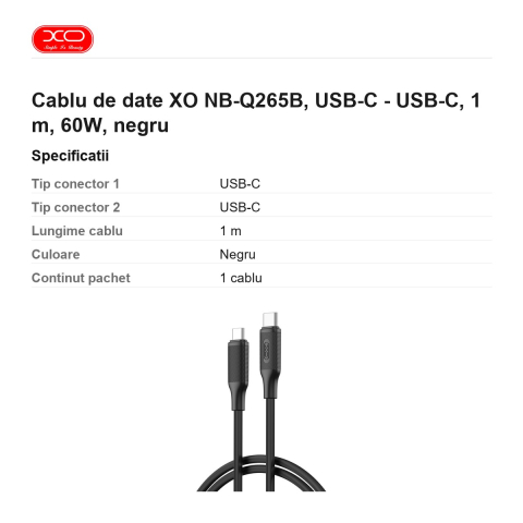 Cablu de date XO NB-Q265B, USB-C - USB-C, 1 m, 60W, negru [2]