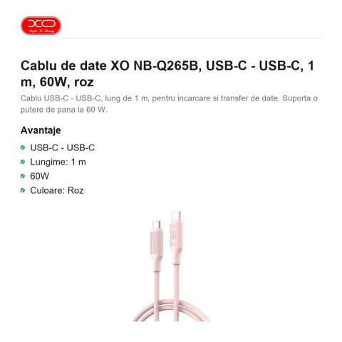 Cablu de date XO NB-Q265B, USB-C - USB-C, 1 m, 60W, roz [1]