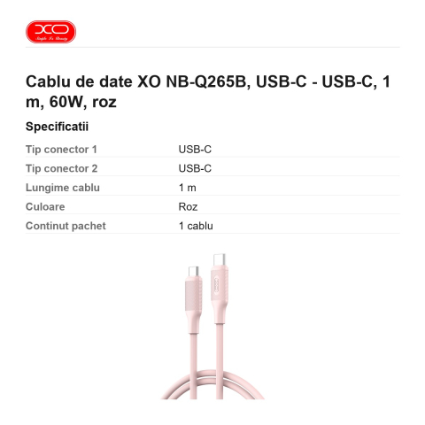 Cablu de date XO NB-Q265B, USB-C - USB-C, 1 m, 60W, roz [2]
