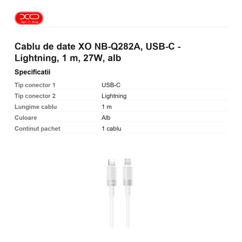 Cablu de date XO NB-Q282A, USB-C - Lightning, 1 m, 27W, alb [2]