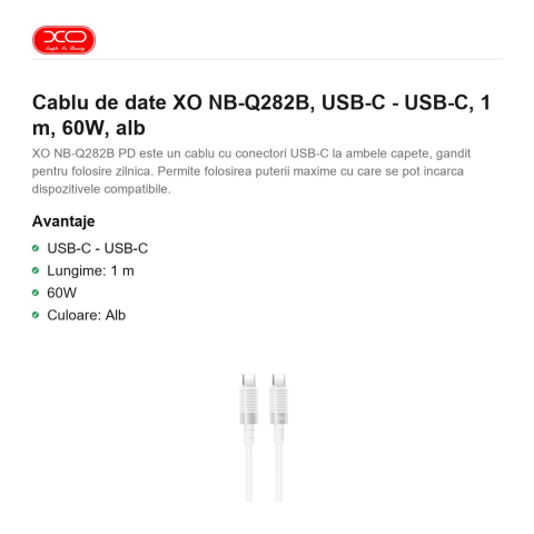 Cablu de date XO NB-Q282B, USB-C - USB-C, 1 m, 60W, alb [1]