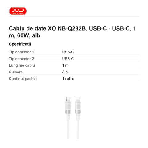 Cablu de date XO NB-Q282B, USB-C - USB-C, 1 m, 60W, alb [2]