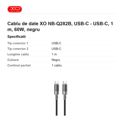 Cablu de date XO NB-Q282B, USB-C - USB-C, 1 m, 60W, negru [2]