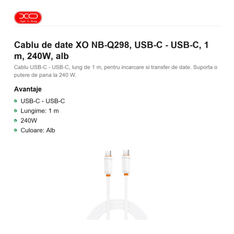 Cablu de date XO NB-Q298, USB-C - USB-C, 1 m, 240W, alb [1]
