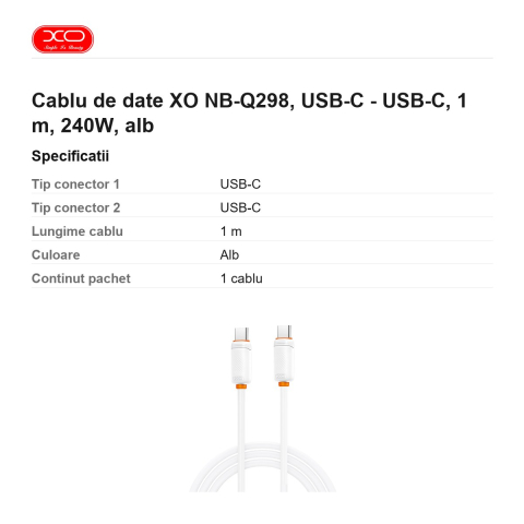 Cablu de date XO NB-Q298, USB-C - USB-C, 1 m, 240W, alb [2]